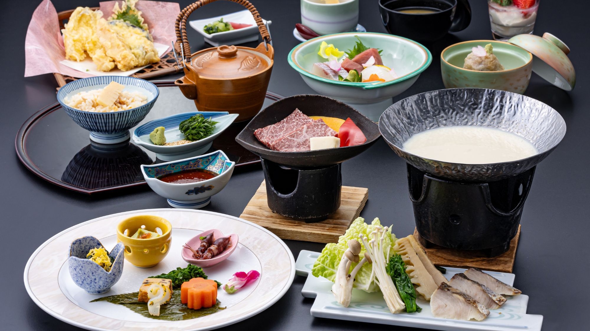 【春のおすすめ会席】岡山特産の鰆の豆乳鍋・和牛鉄板焼き・旬の筍づくし会席【夕朝食付】