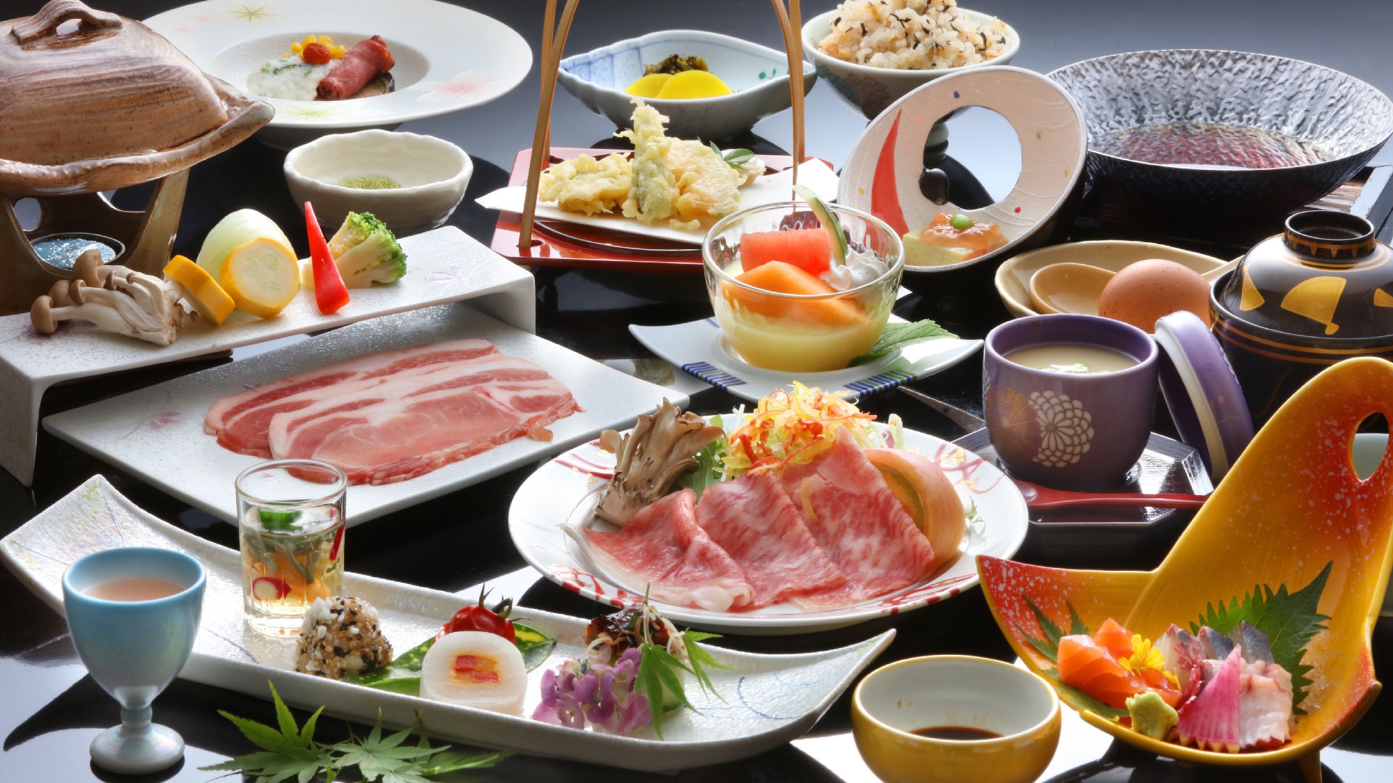 【基本会席】Ａ５ランク黒毛和牛＆うきはのブランド豚「耳納いっーとん」料理つき会席●までら会席