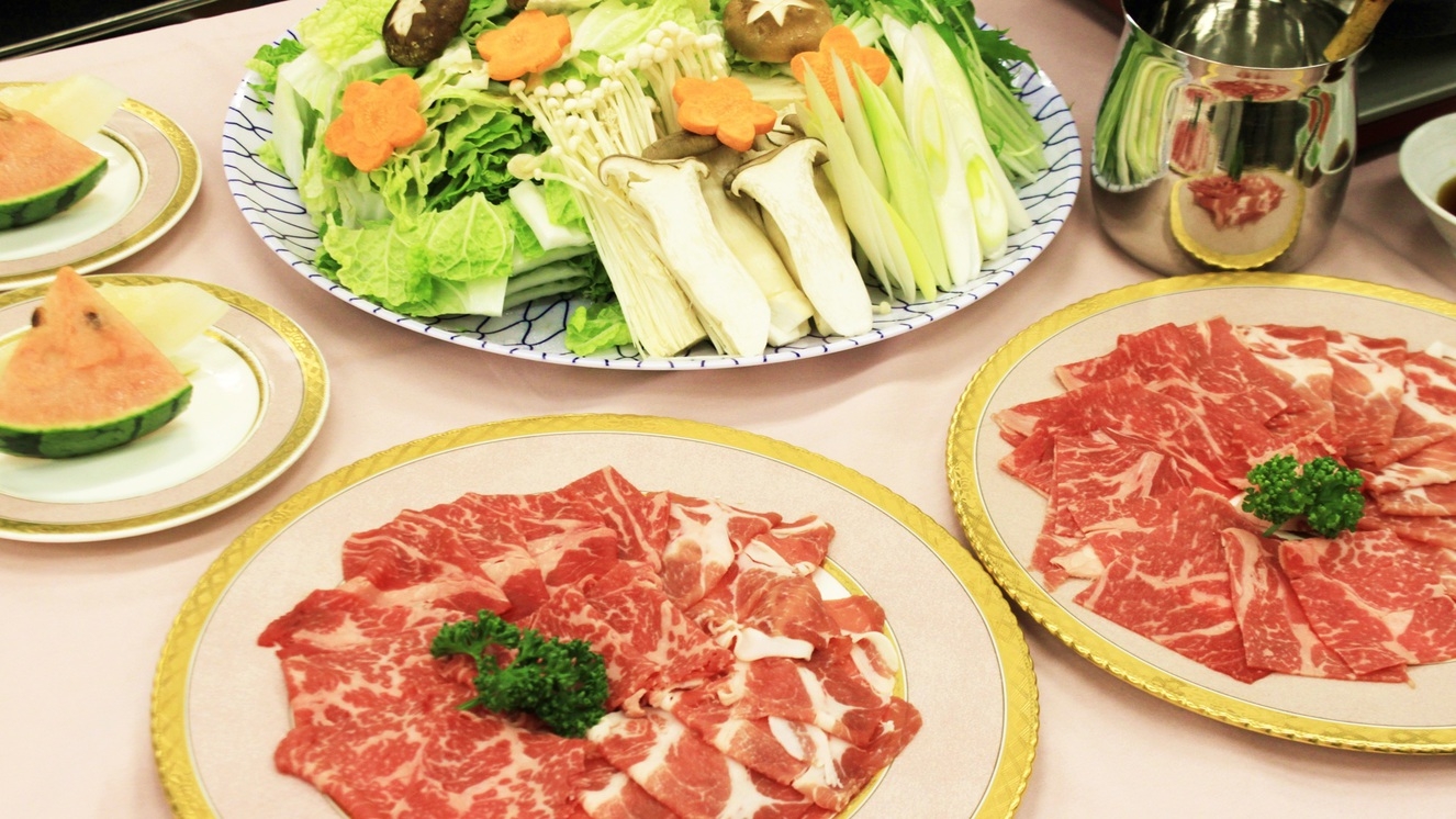 【しゃぶしゃぶコース２食付】夕食は、牛肉も豚肉も楽しめる！2種類のスープで味わうしゃぶしゃぶ！