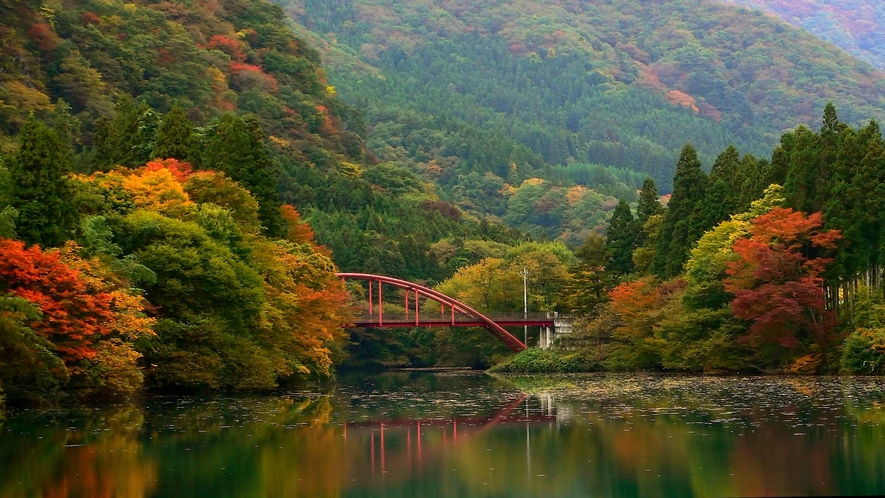 *四万湖  四万湖は周囲5kmほどの人造湖。秋には美しい紅葉を楽しめます。