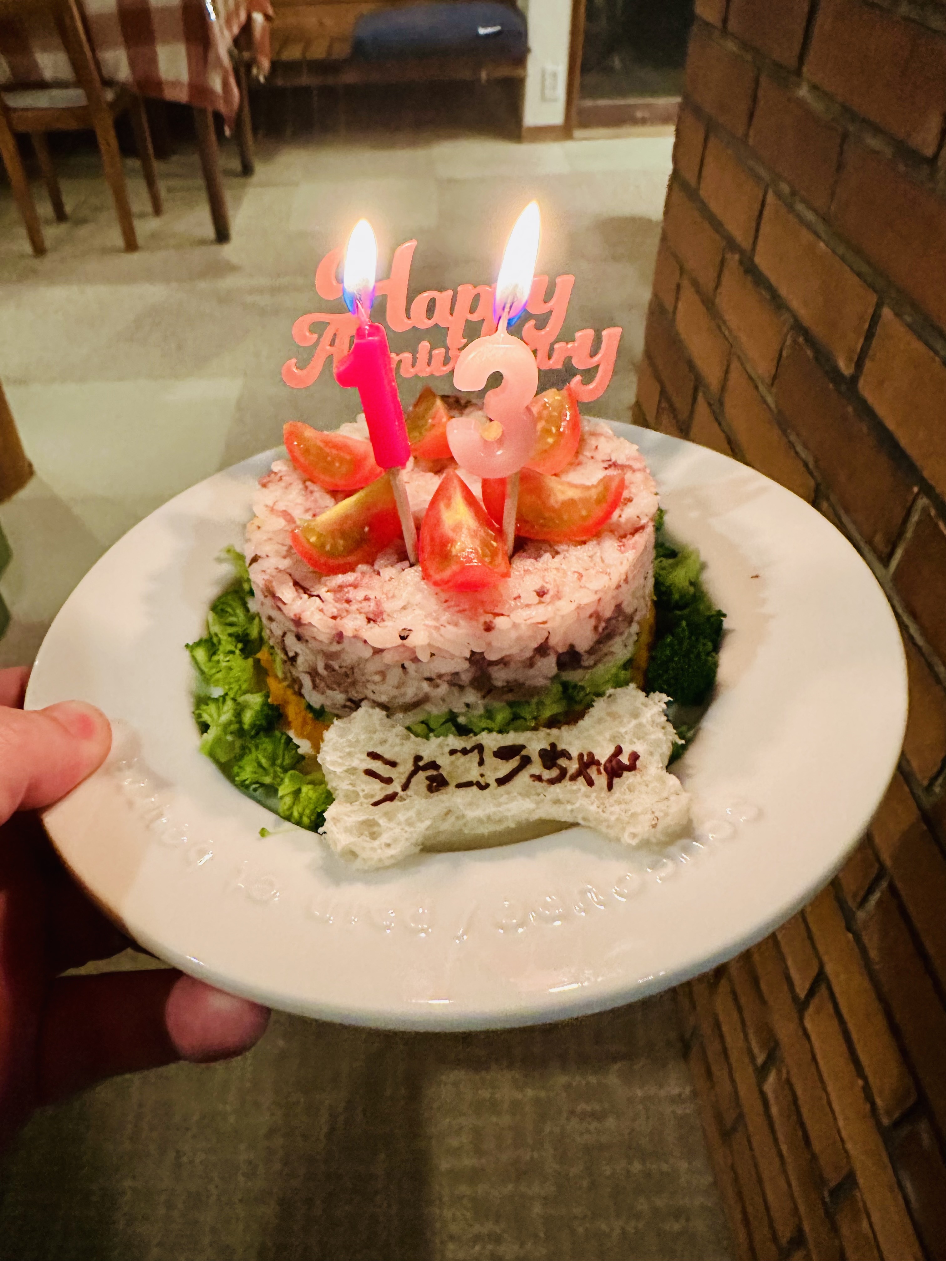 鹿肉とご飯と新鮮野菜を使った手作りケーキ型ご飯