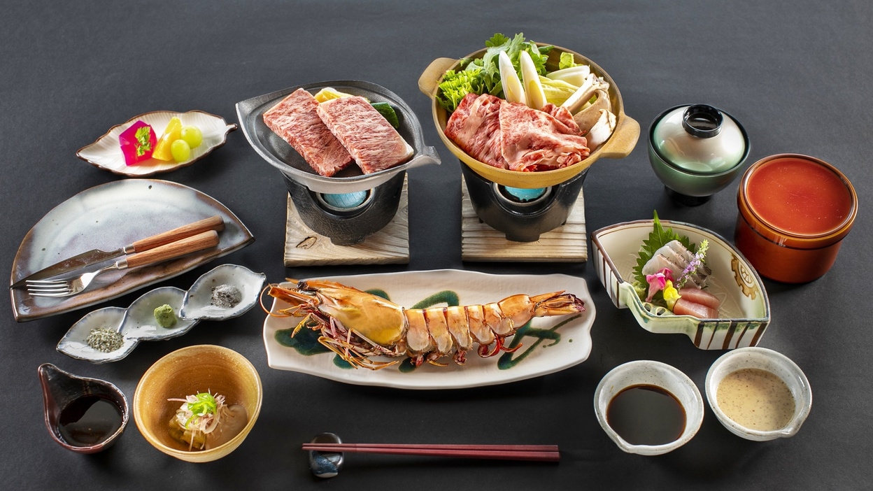 【人気メニューを全てご堪能】A5ランク若狭牛ステーキにしゃぶしゃぶ、希少食材の皇帝海老！贅沢2食付き