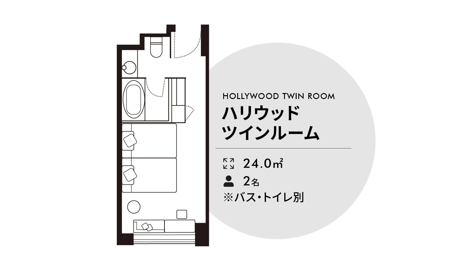 ハリウッドツインルーム24㎡　ベッド幅115cm&times;195cm　2台