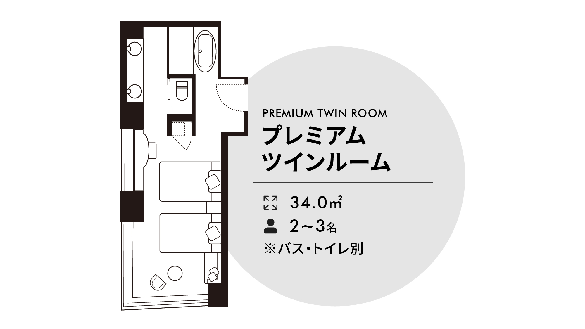 プレミアムツインルーム34㎡　ベッド幅120cm&times;200cm　2台