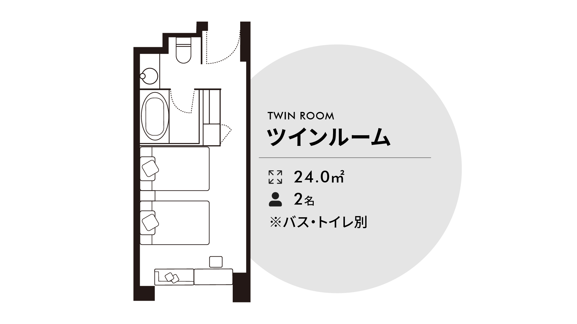 ツインルーム24㎡　ベッド幅115cm&times;195cm　2台