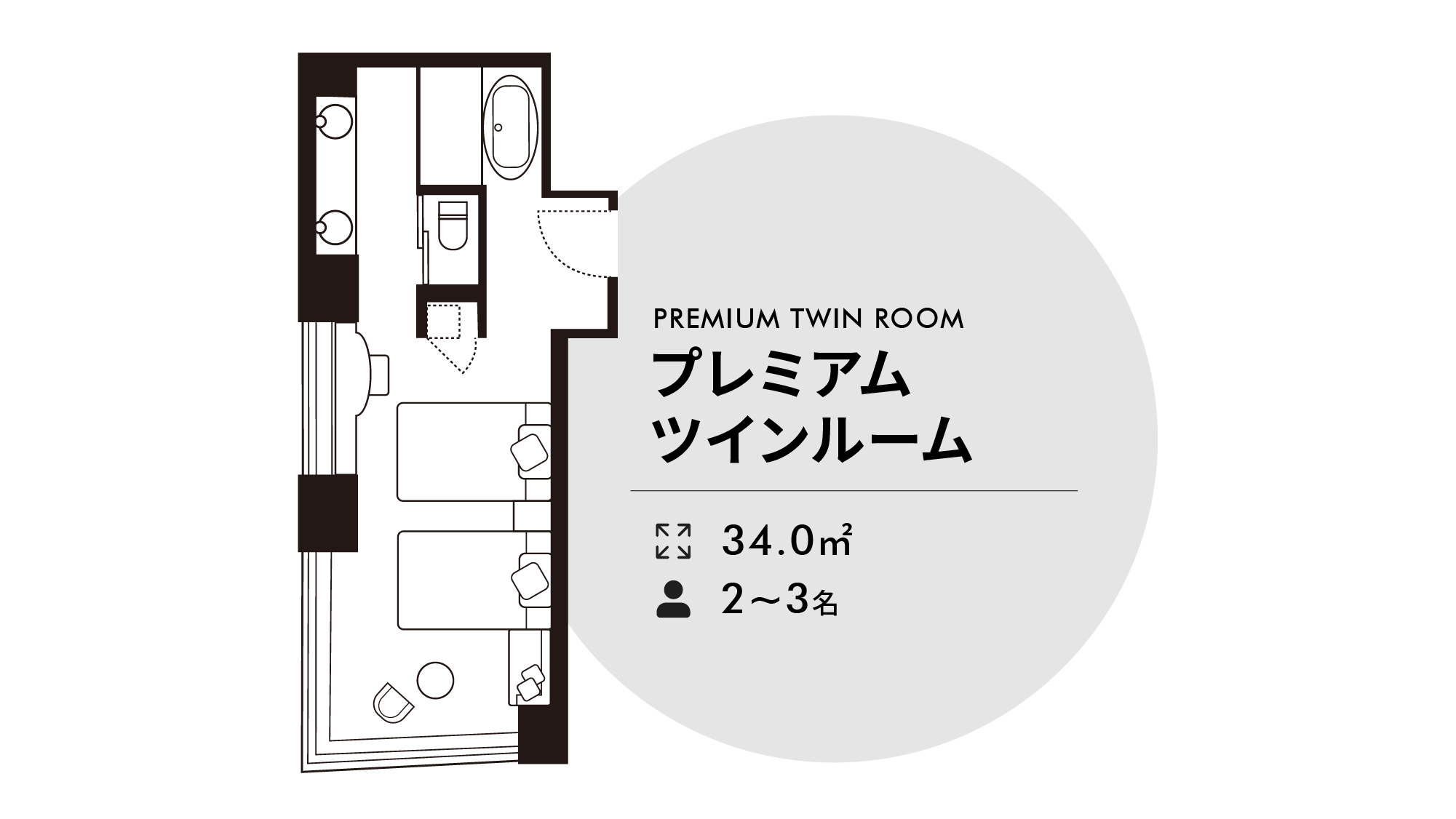 プレミアムツインルーム34㎡　ベッド幅120cm&times;200cm　2台