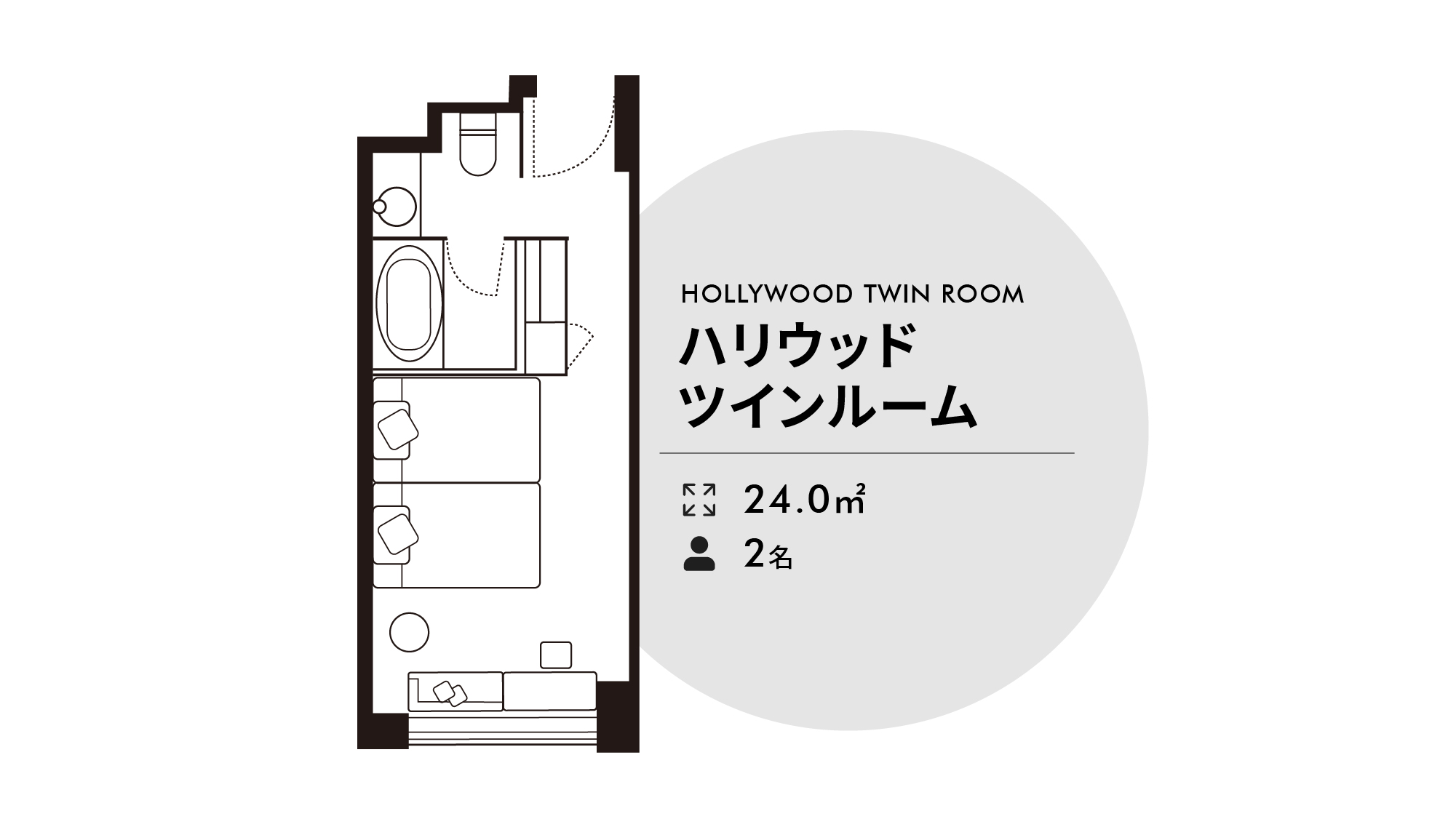 ハリウッドツインルーム24㎡　ベッド幅115cm&times;195cm　2台