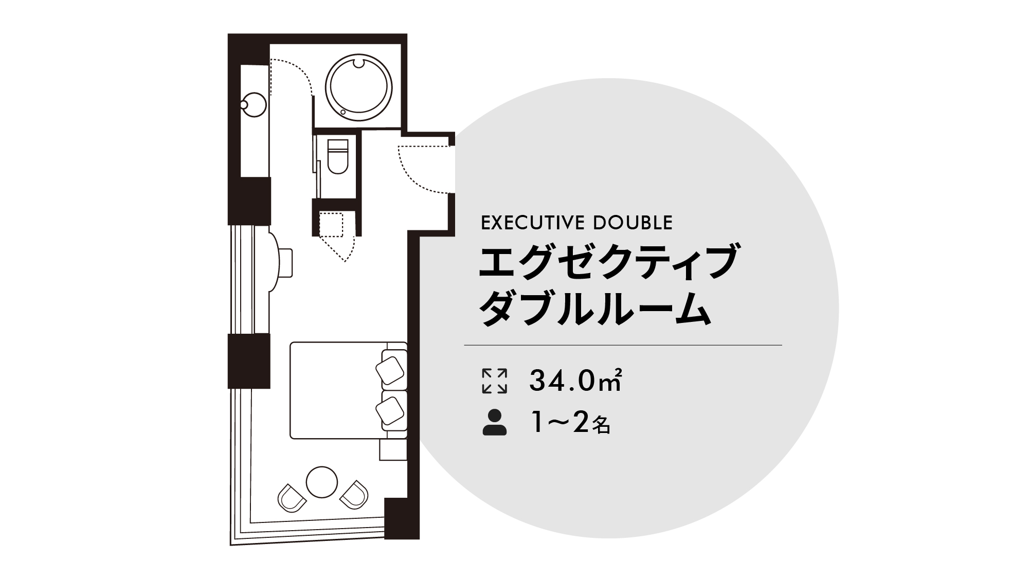 エグゼクティブダブルルーム34㎡　ベッド幅200cm&times;200cm