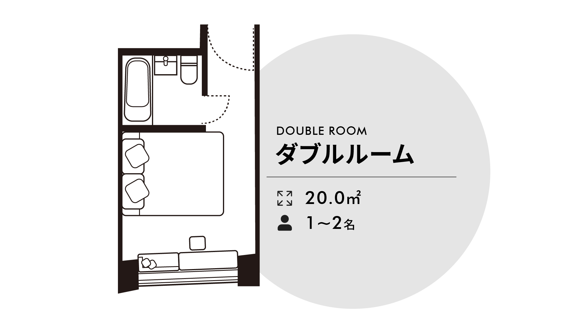 ダブルルーム20㎡　ベッド幅160cm&times;195cm　1台