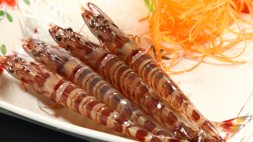 【お食事】夕食一例・日間賀島の車海老は普通より甘い！お刺身にしてお出しいたします♪