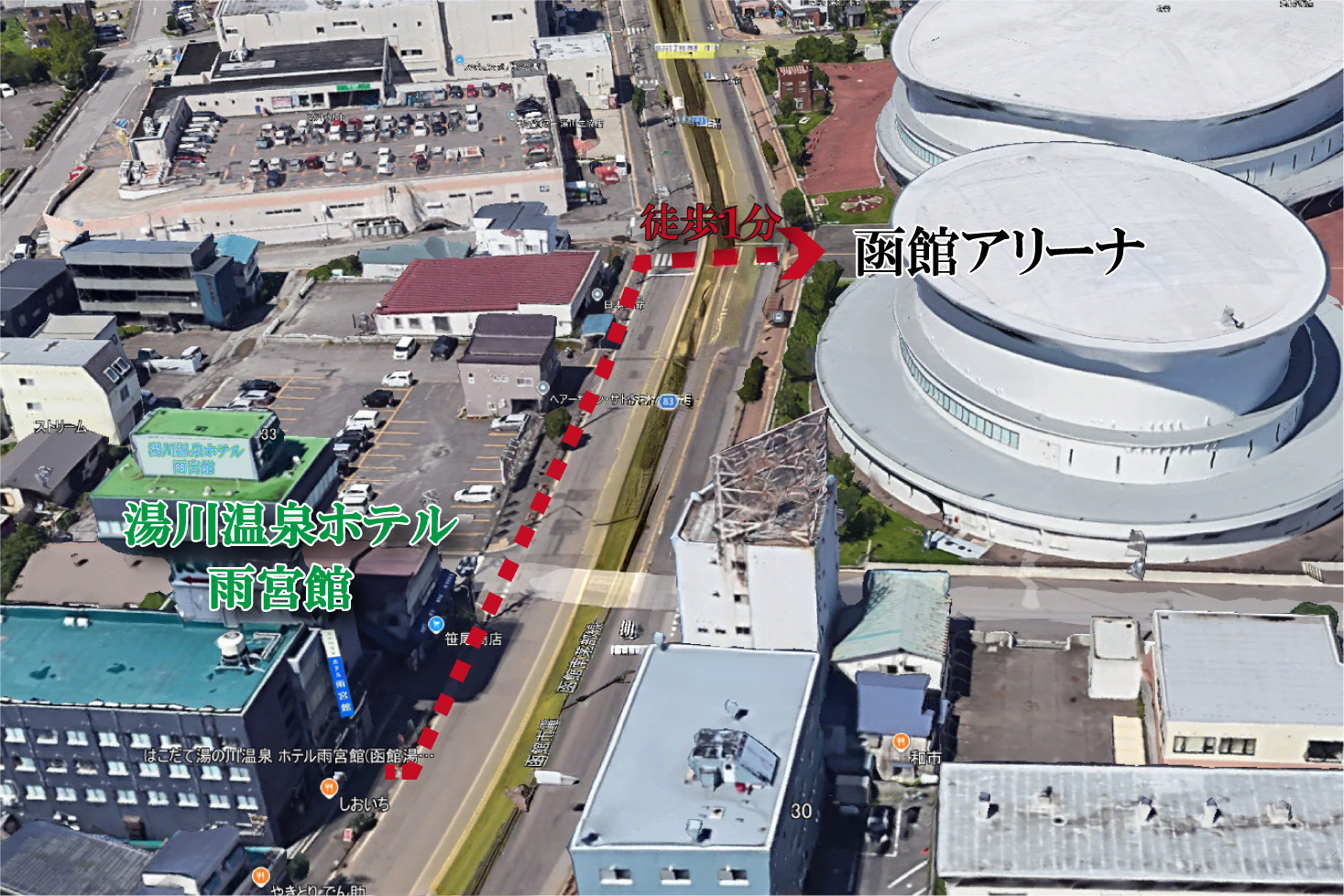 この距離感・・・「函館アリーナ入口・徒歩1分、平均140歩。移動ストレス0（ゼロ）。」