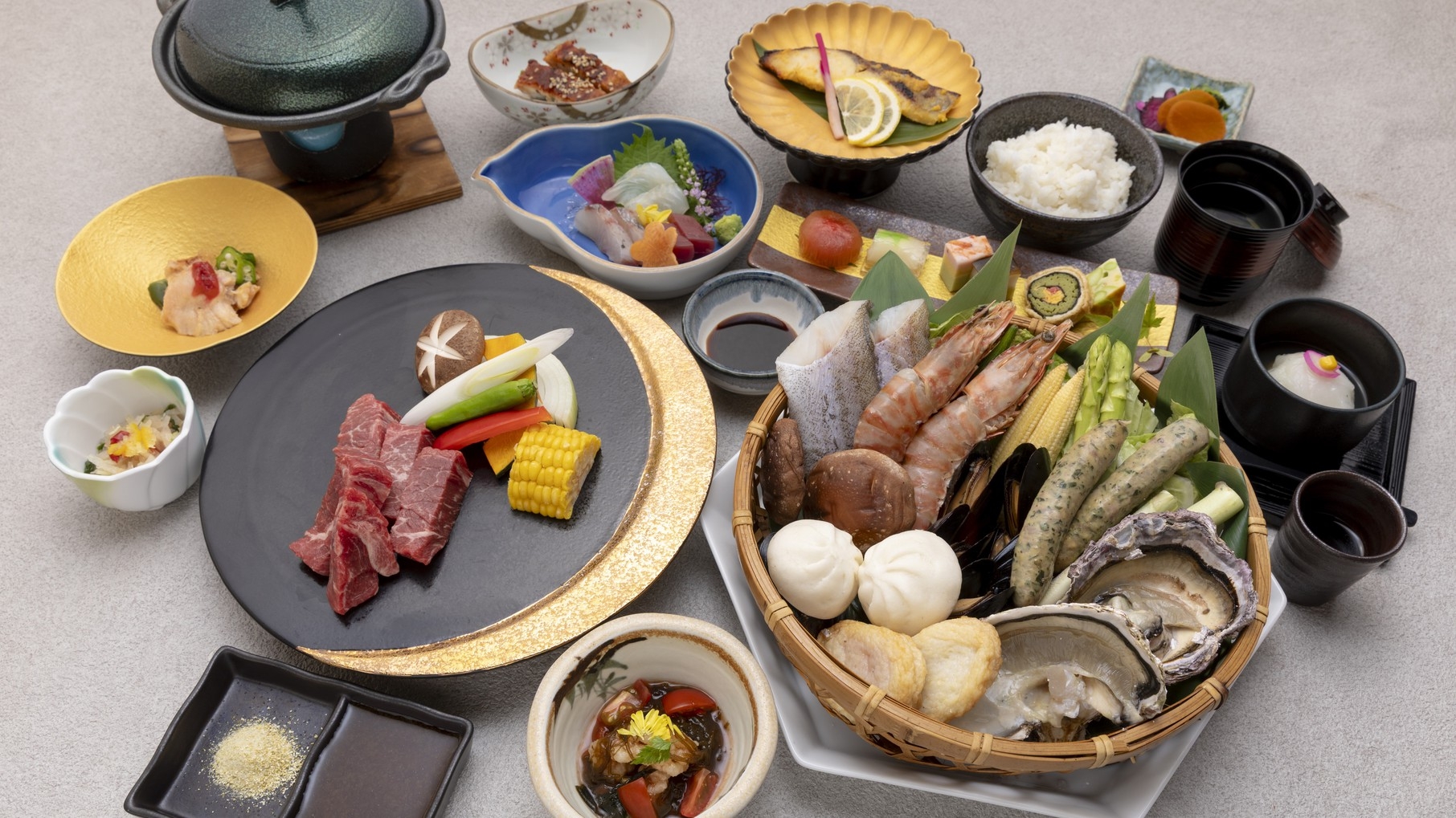 【おんせん県で贅沢するけん】《地獄蒸し＆厳選九州産和牛ステーキ》がメインのよくばりプラン＜お食事処＞