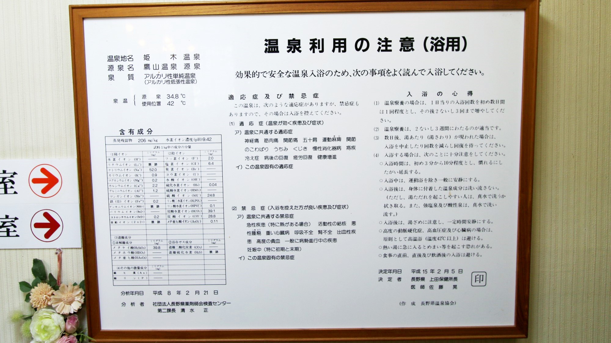 温泉分析書。鷹山源泉を100％使用しています。