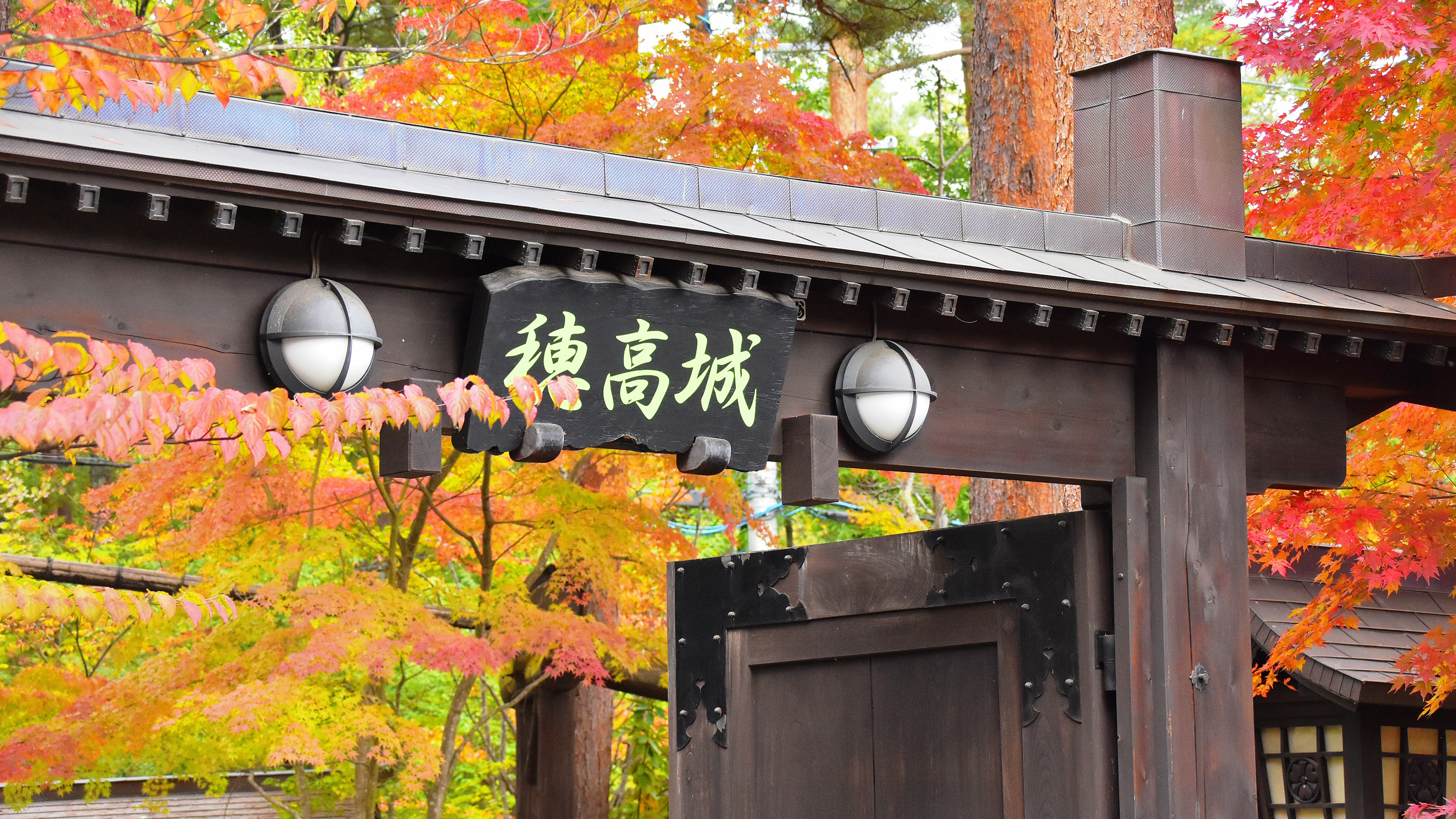 【館内】紅葉の樹々が彩りを添える穂高城の庭園。深まる秋にゆったりと散策したい。