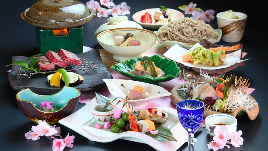 【夕食】穂高城「春の宴」。山菜、春野菜と信州の食材を使用し工夫を凝らした会席コースです。
