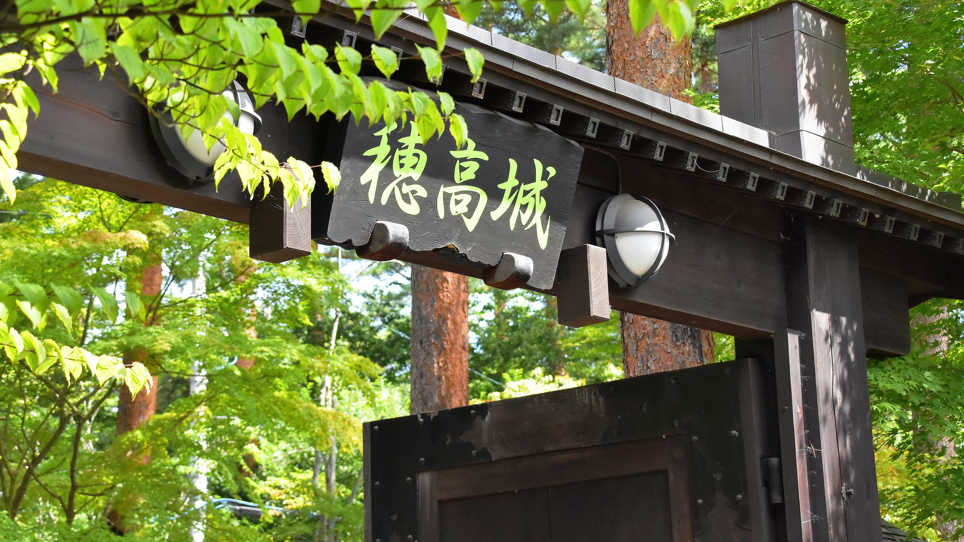 【館内】新緑の樹々がいきいきと輝く穂高城の庭園。ゆったりと散策したい。