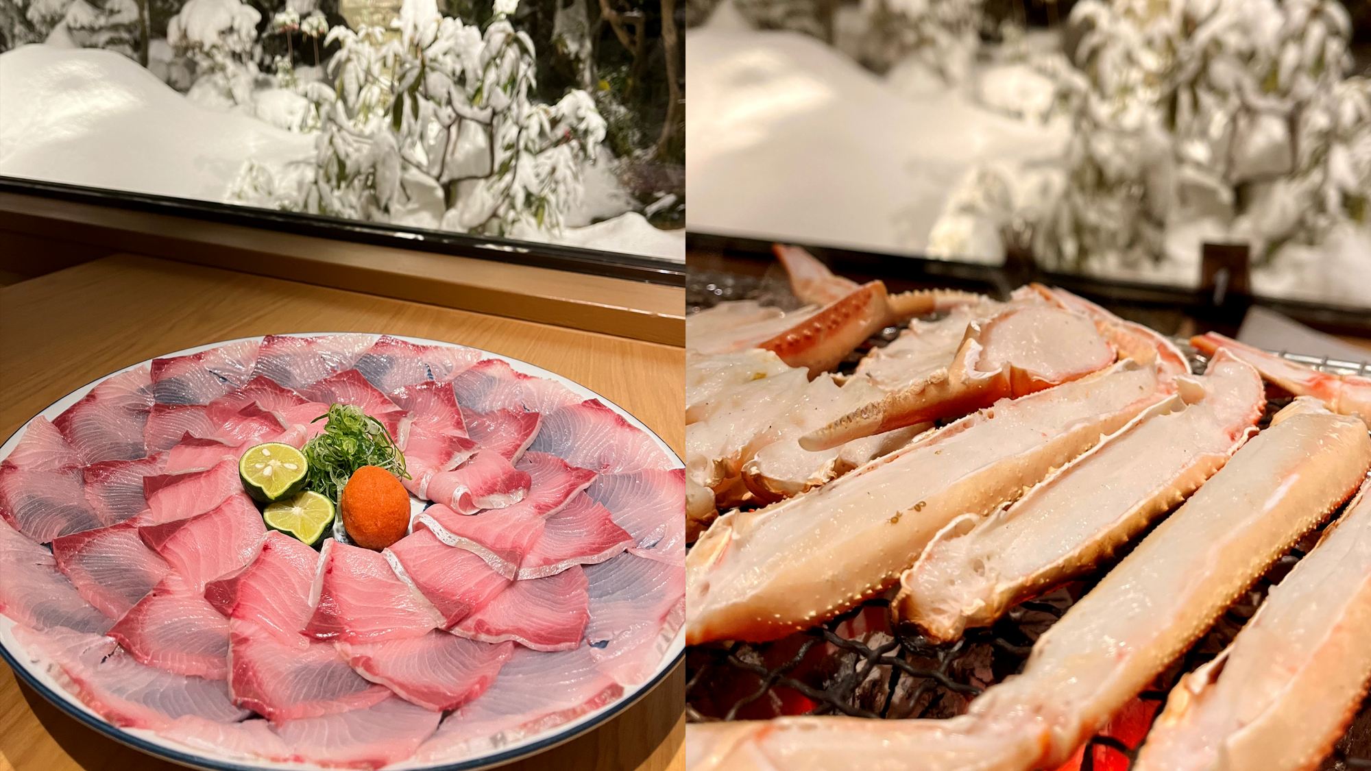 *【ぶりしゃぶ（2～3人前）・かに】旨さ際立つぶりしゃぶ・炭火で焼きたてのカニの甘味と香ばしさ