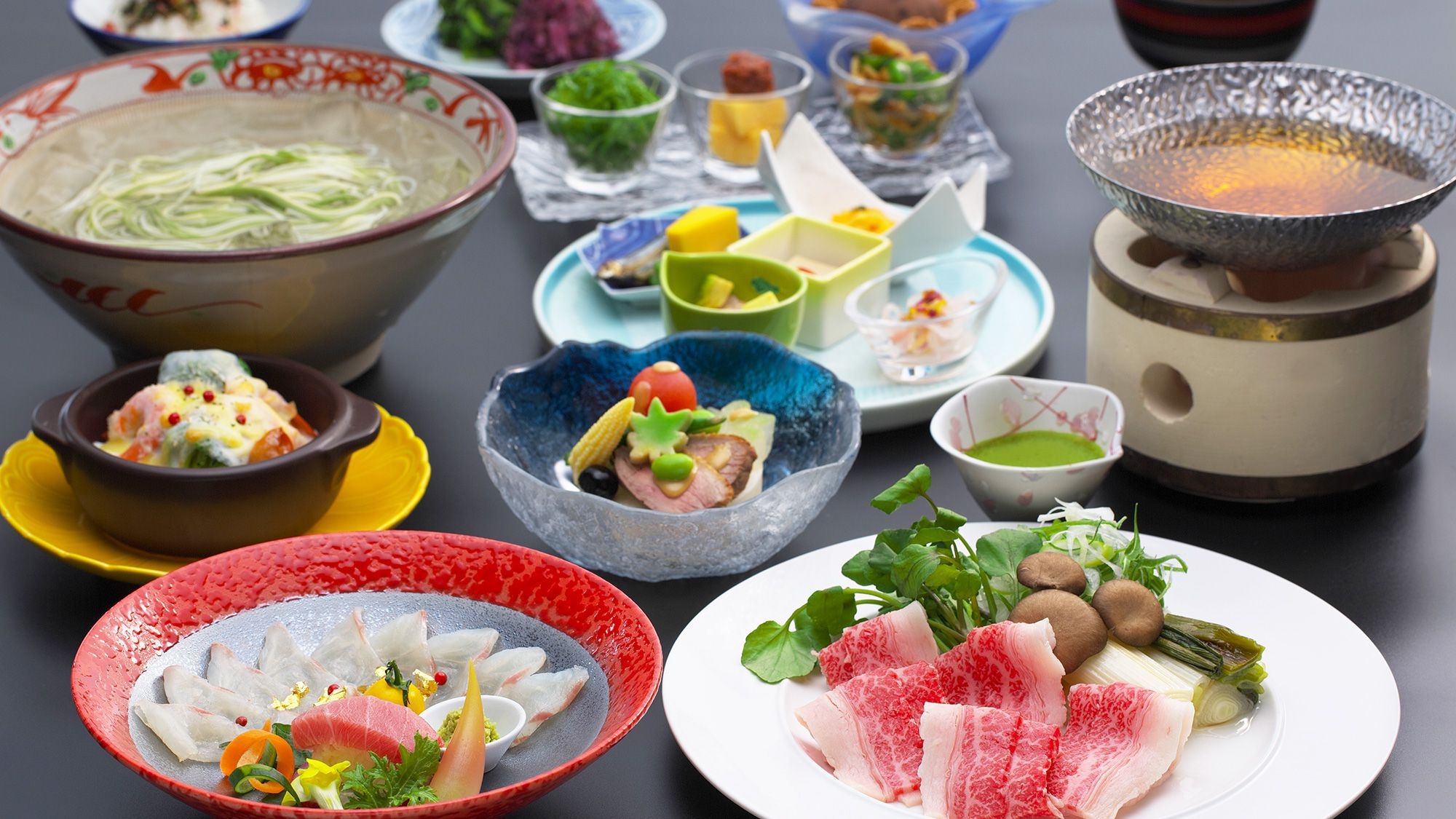 【会席グレードアップ】季節会席プラン　鯛薄造りと本鮪　国産牛の出汁しゃぶ鍋≪6〜8月≫