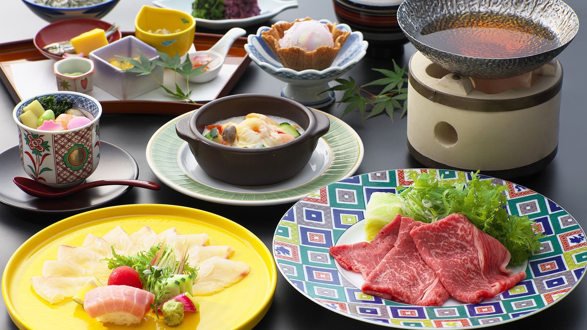 【会席グレードアップ】季節会席プラン　国産牛と青菜のしゃぶ鍋　山海の恵みオランダ焼≪3〜5月≫