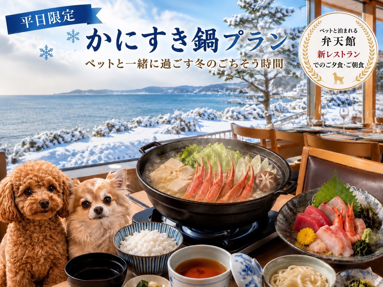 【 ペット可 ★ 1泊2食付 (朝夕2食付) 】平日限定 ♪ かにすき鍋プラン♪ 11/7〜4/18