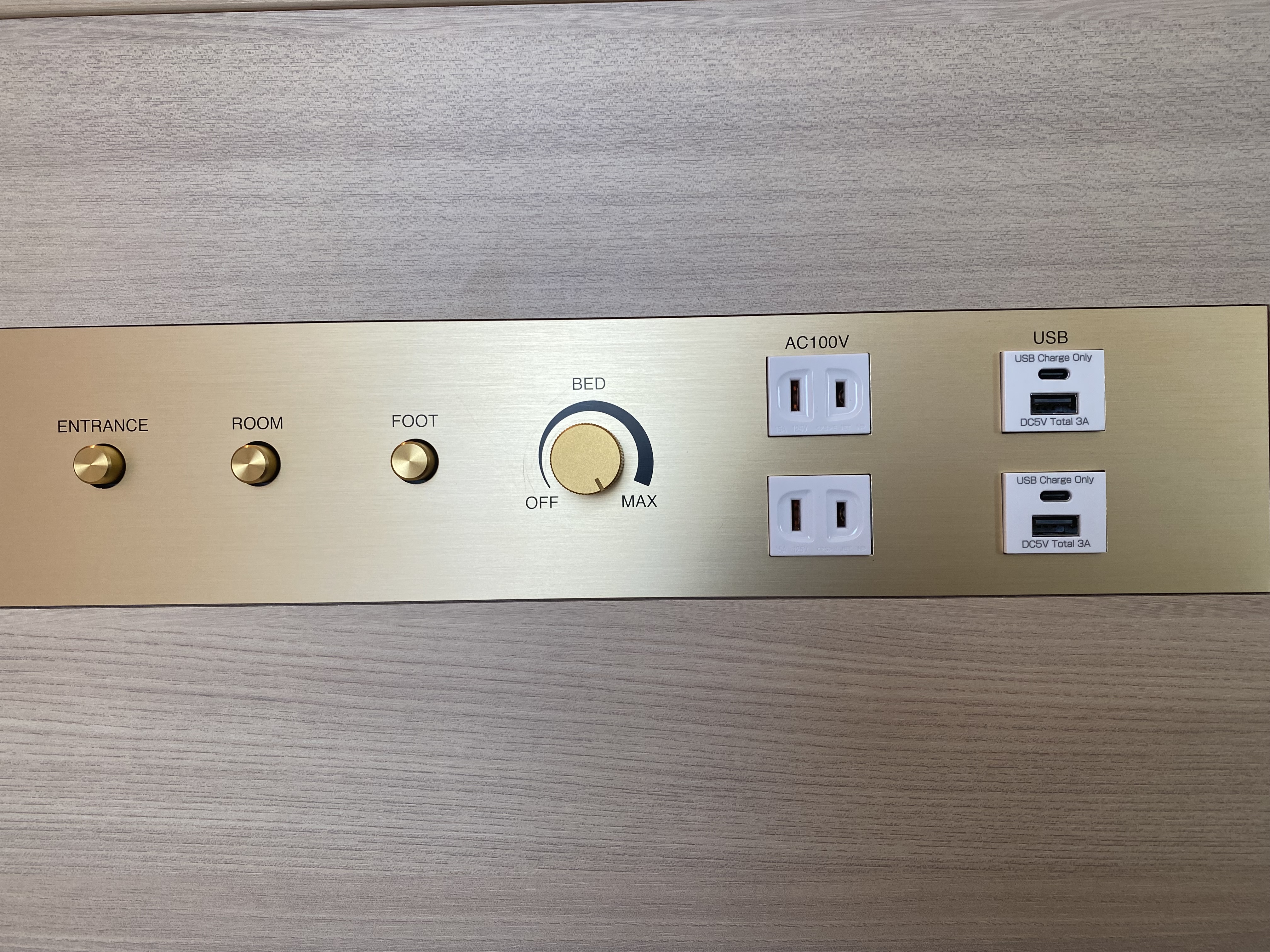 シングルルームのコントロールパネルです。USBType-C・USB・コンセント各2口装備しております