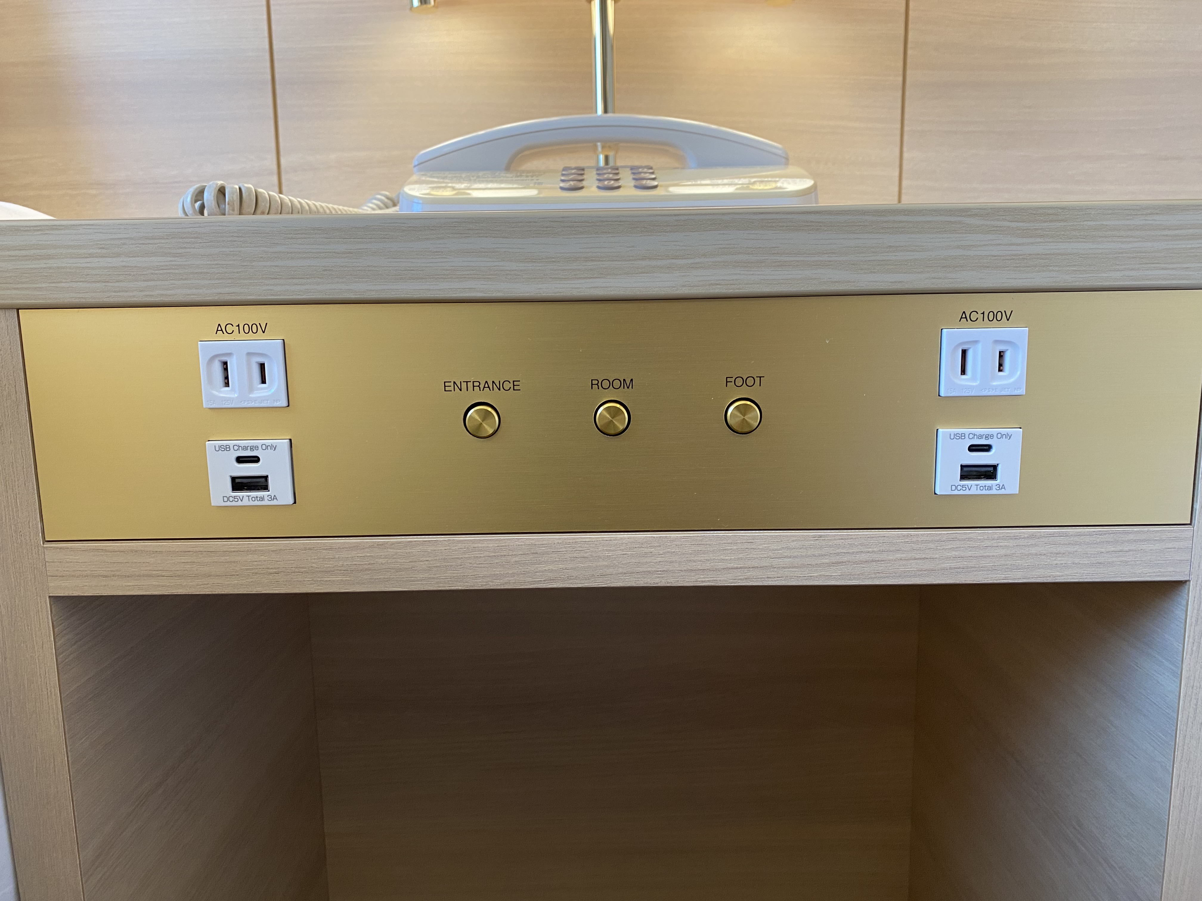 ツインルームのコントロールパネルです。USBType-C・USB・コンセント各2口装備しております。