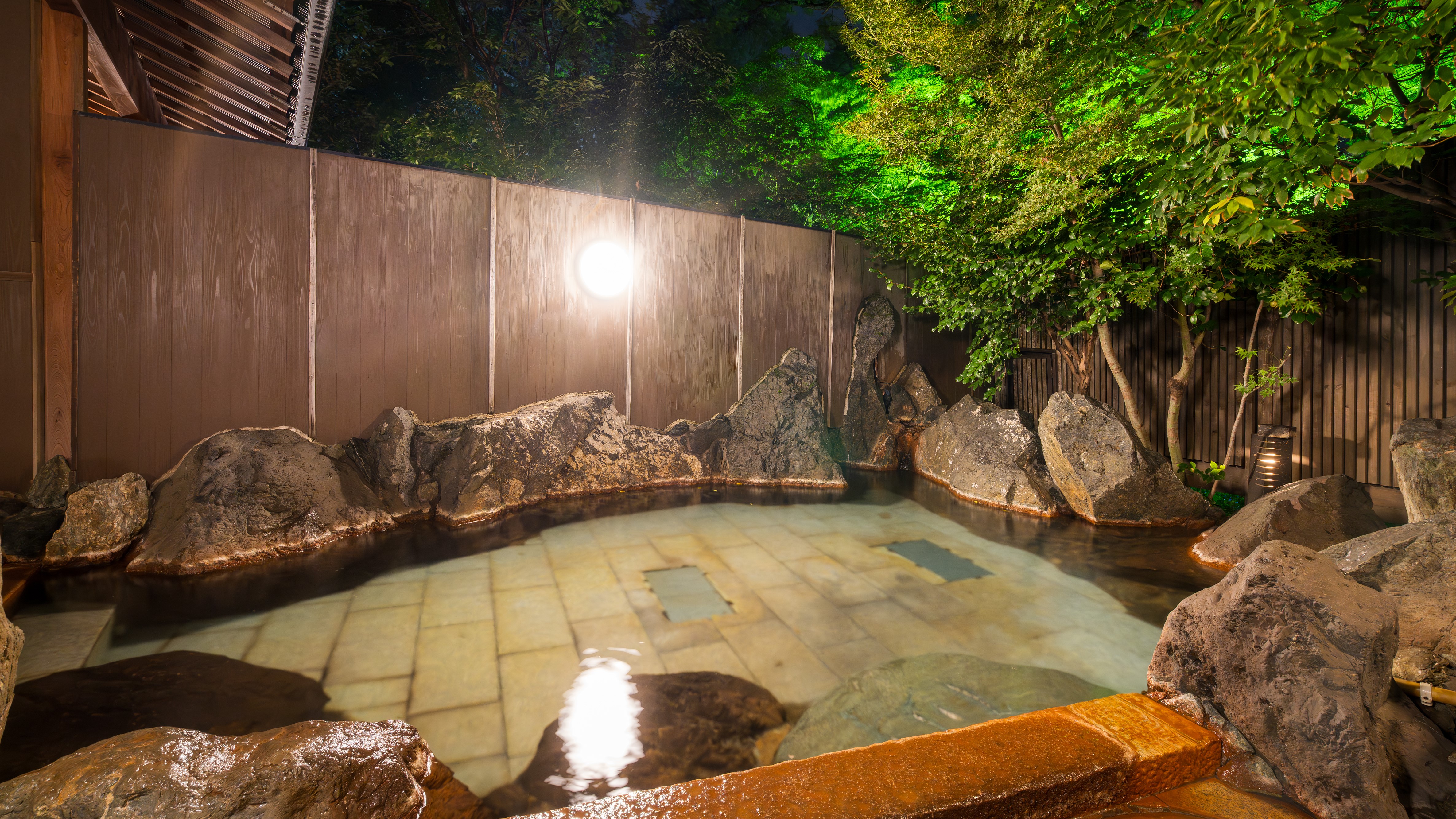 ライトアップされた新緑が幻想的に浮かぶ、夜の露天風呂。