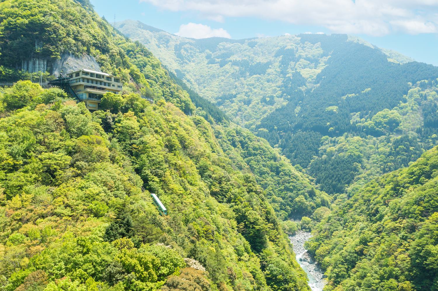 ■(NEW)深い祖谷溪から眺めるホテル祖谷温泉とケーブルカー