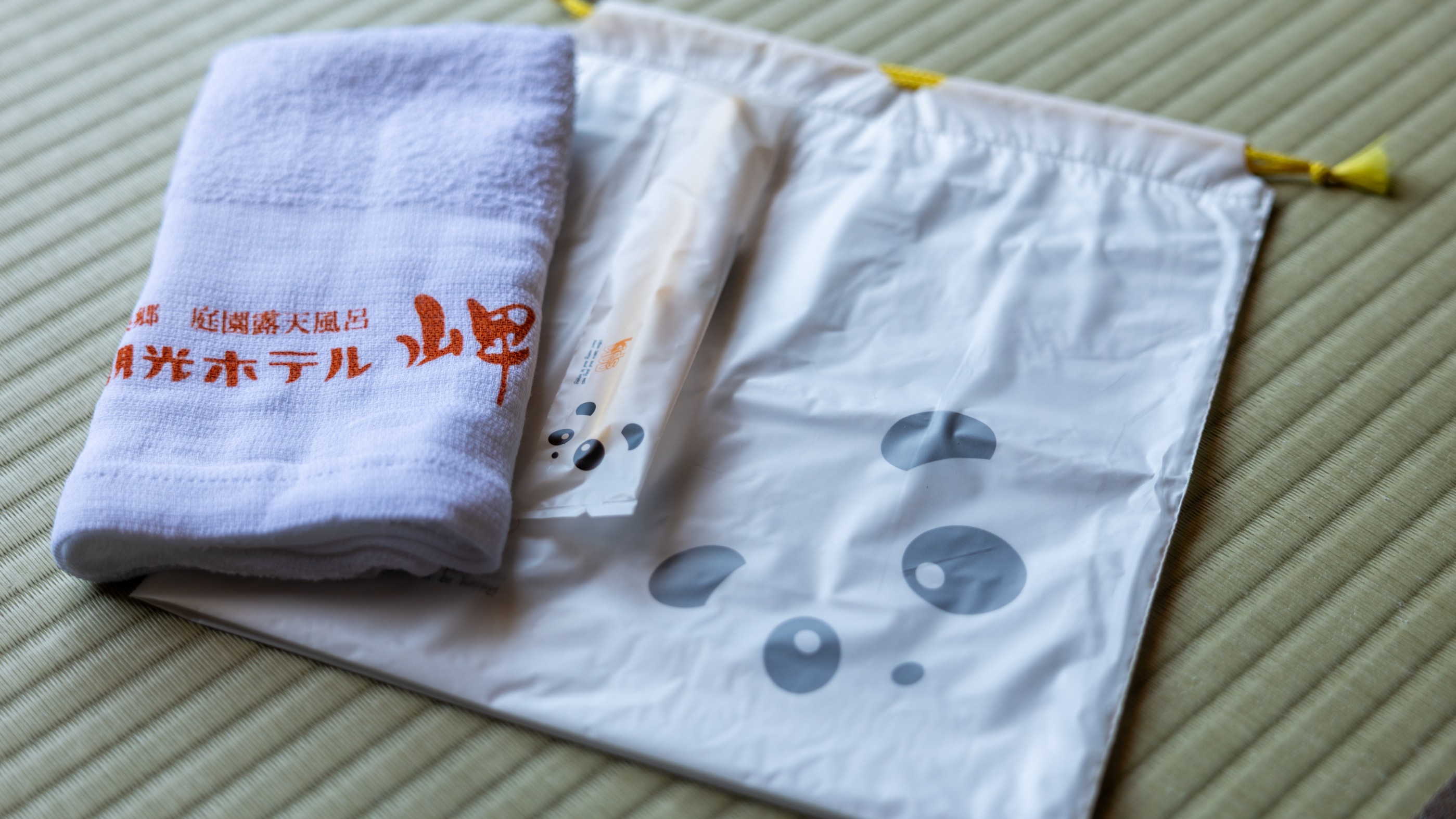 【客室アメニティ】お子様にはかわいいパンダの袋入り♪タオルと歯ブラシのセット