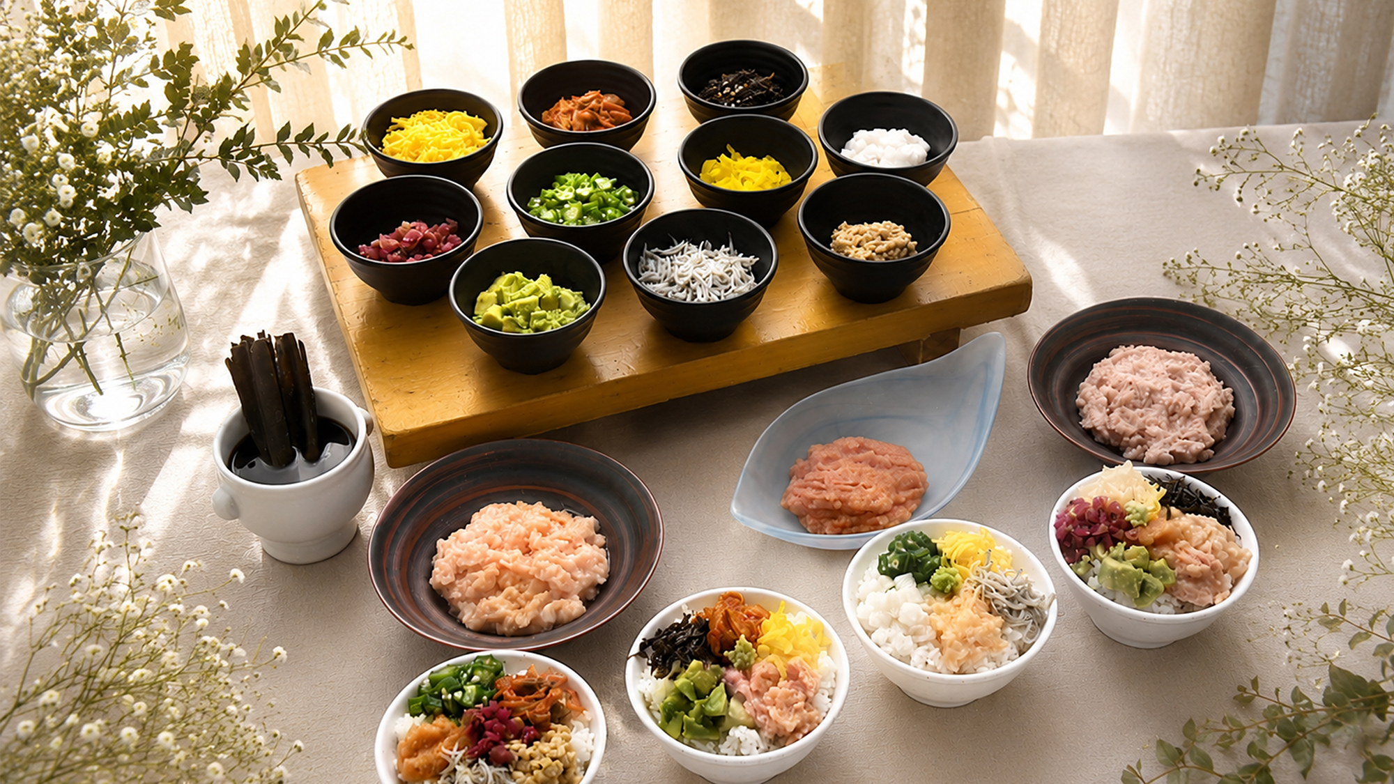 【朝食】和洋の朝食メニューをご用意。お好みの具材を自由に組み合わせた自分だけの彩り丼も！