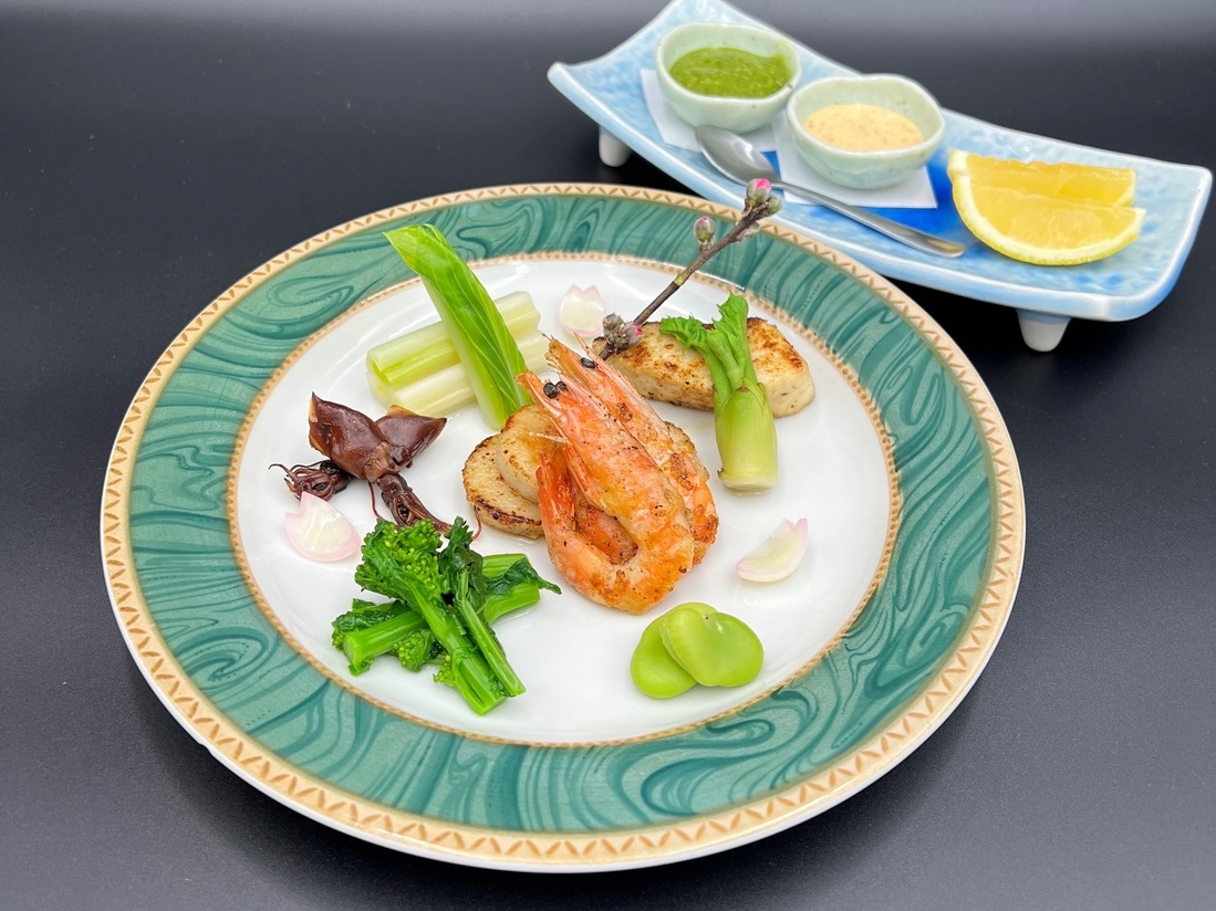 【春野菜と魚介のバター焼付会席／会場食】pH10アルカリ温泉を満喫／3月〜5月