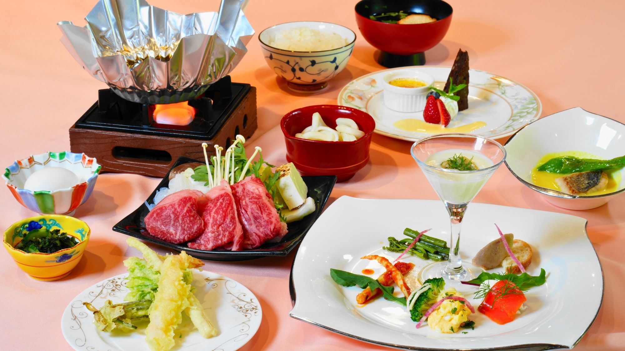 【「ベルビュー」和洋会席御膳】自然と温泉を満喫！夕食は、「みちのく日高見牛」の旨味を味わうすき焼き付