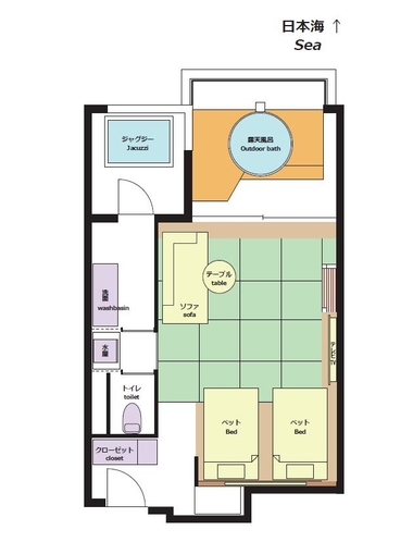 【ツイン50㎡露天風呂付】日本海を望む露天風呂＆ジャグジーバス付客室　平面図