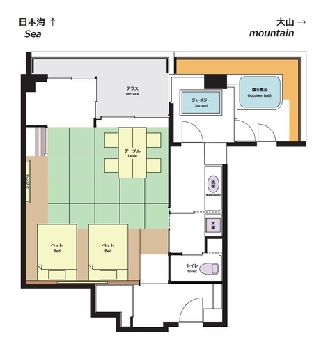 【ツイン70㎡露天風呂付、角部屋】大山と日本海を望む露天風呂＆ジャグジーバス付客室　平面図