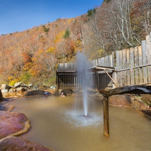 紅葉の山々の中で入る露天風呂。日本で唯一、間欠泉が体験できる風呂！
