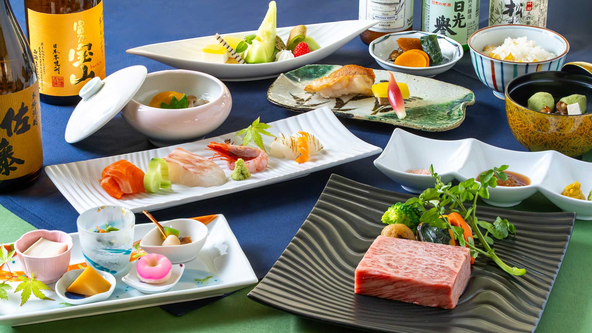 【絹の渓谷　碧流（へきりゅう）】（夕食イメージ）6月～8月　スタンダードコース《とちぎ和牛会席》