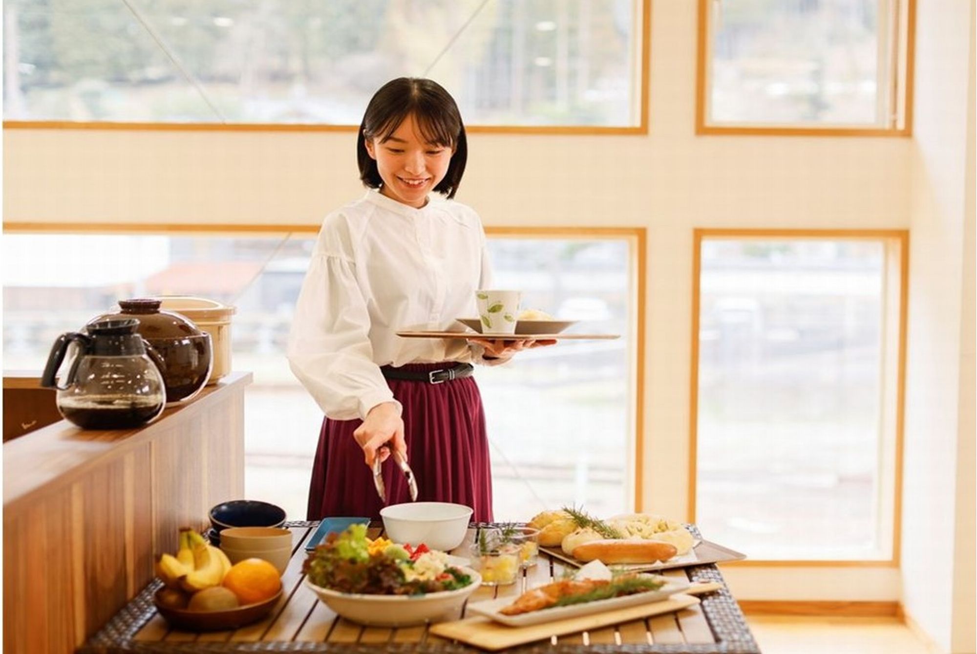 2023年4月～朝食は、竹田城を望むカフェ「ルピナスコーナー」にてセミブッフェで自家製パンや地元食を