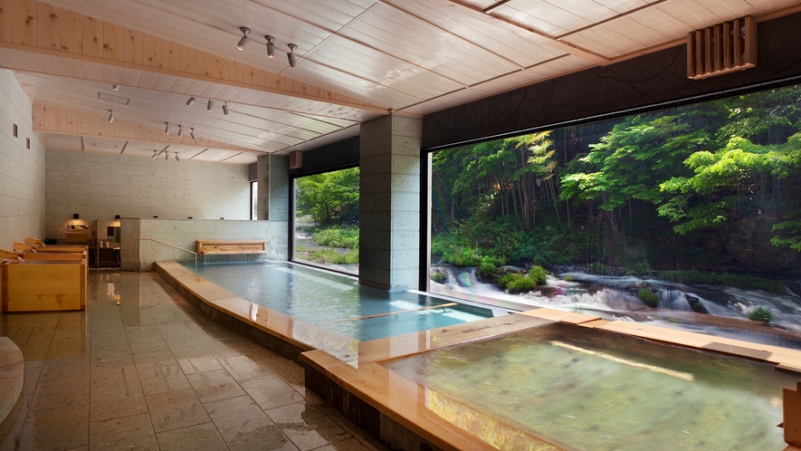 リニューアルオープンの渓流沿いの大浴場「伏見の湯」と個浴「庄助桶風呂」のイメージ♪