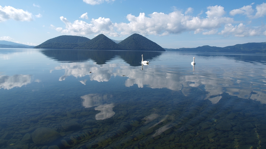 【夏】湖面に映る中島と白鳥。時間がとまったかのような景色はまるで絵画。