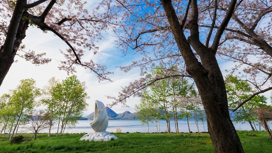 【春】晴天の下、満開の桜と新緑の木々が美しい洞爺湖畔（桜の見頃は例年5月上旬～中旬）