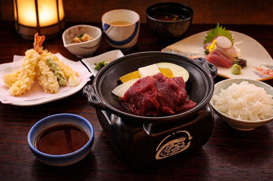 【二食付】国産牛フィレを陶板で。旬魚の造りと胡麻油香る天婦羅とともに満足の夜を＜雷神プラン＞