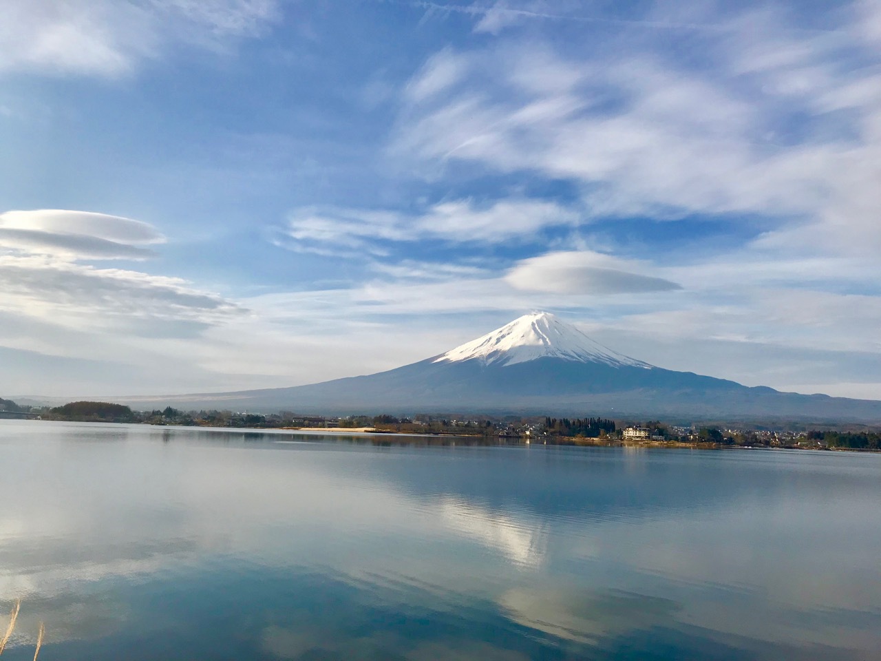 河口湖の富士山は形も色も綺麗です。