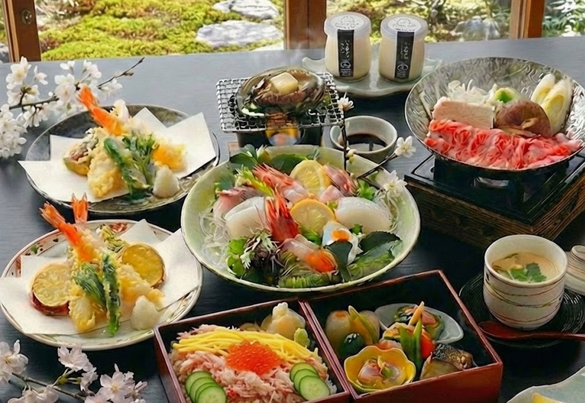 【春色会席】例カニ寿司、前菜、鮮魚皿盛り、活鮑踊り焼き、但馬牛すき小鍋、天ぷらなど