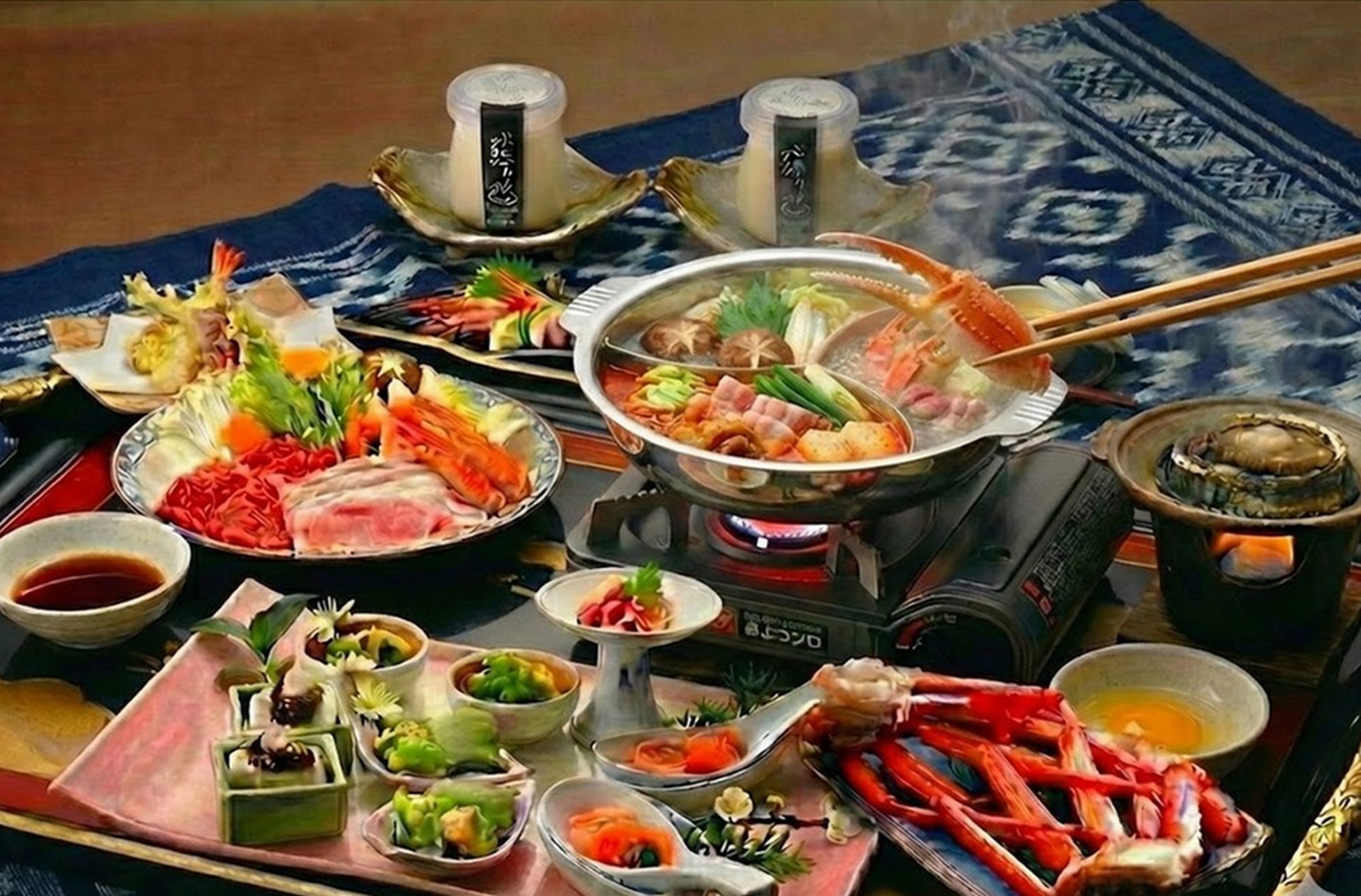 【春の三宝御膳】例　但馬牛、八鹿豚、カニの3種鍋、活鮑踊り焼き、紅カニ、天ぷら、刺身など