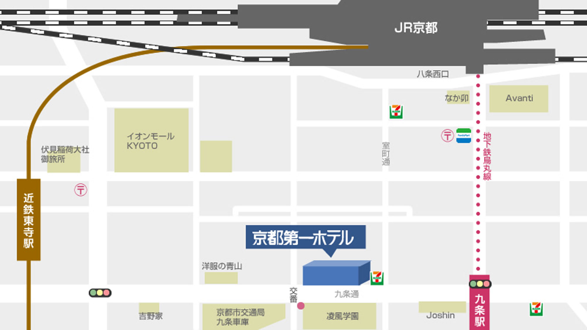 京都南ICから国道1号線を北へ進み、京阪国道口交差点で九条通を東へ