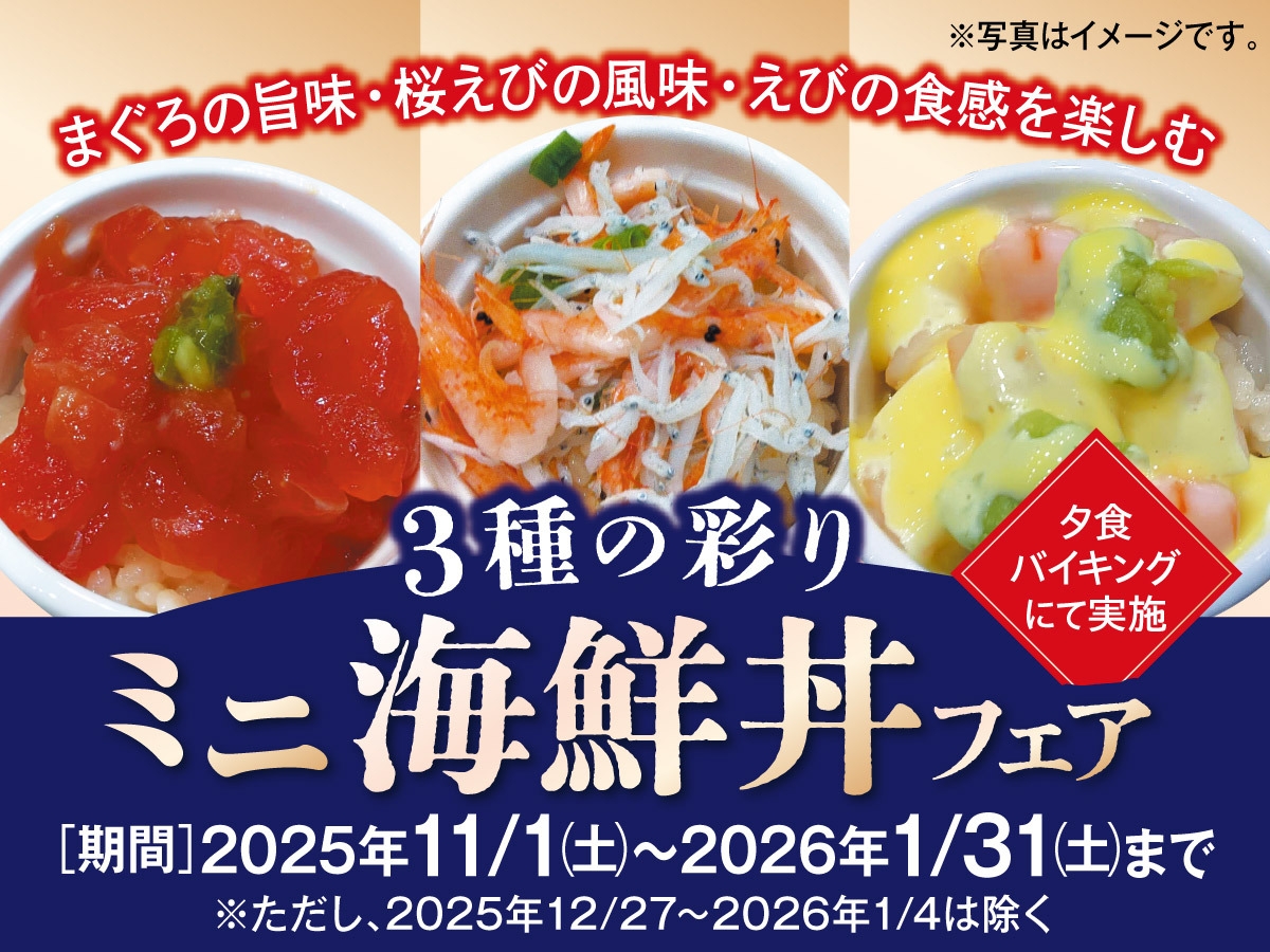 【11月〜1月料理フェア】マグロの旨味・桜エビの風味・エビの食感を楽しむ3種の彩りミニ海鮮丼フェア