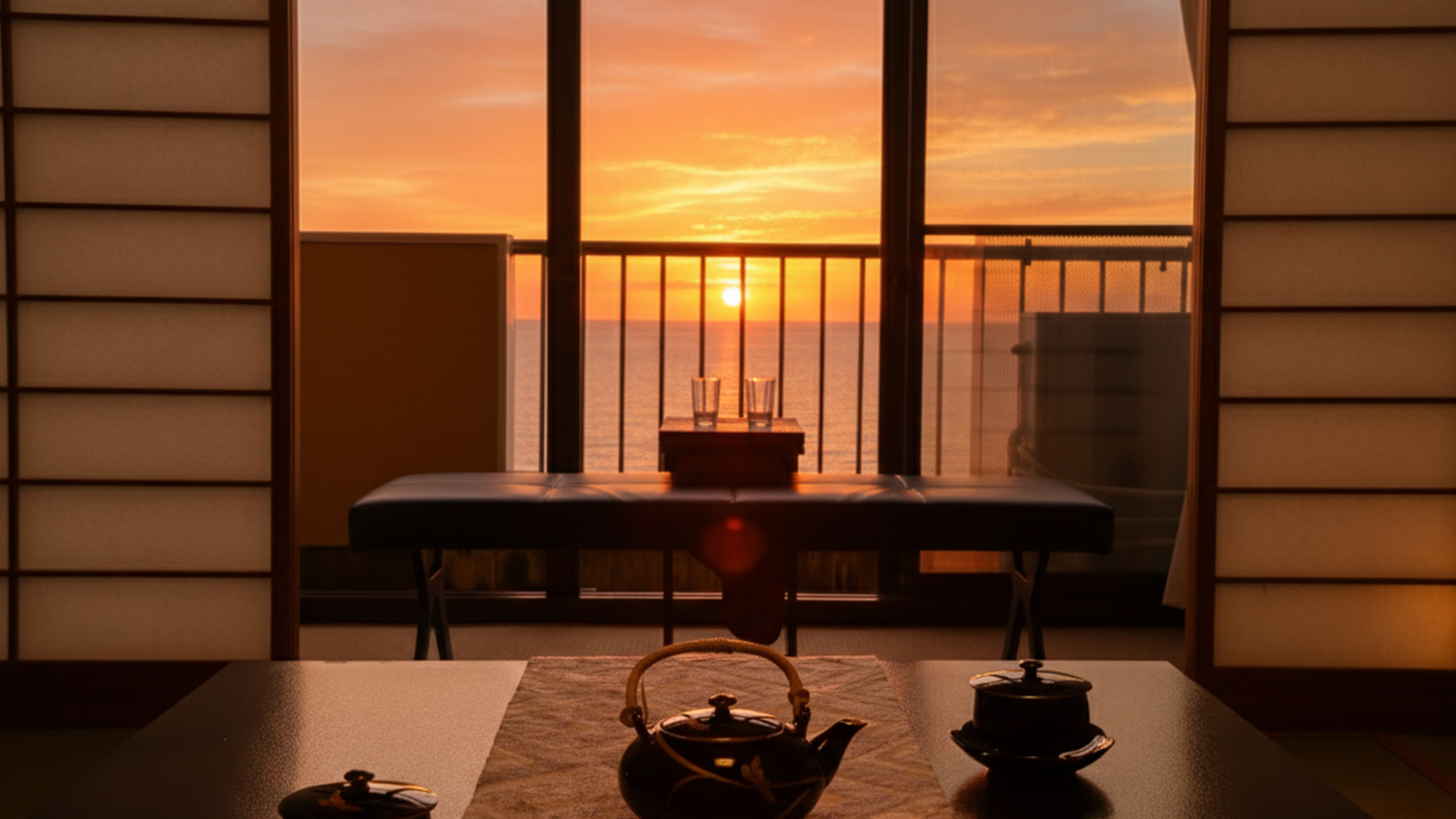 【海側客室】＜夕陽百選の美景を望む＞目の前に広がるのは、茜色に染まる空と日本海