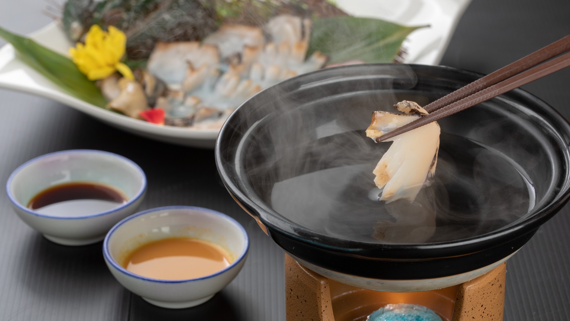 【イチオシ！】「ウニポン」と「肝醤油」でいただく『アワビのしゃぶしゃぶ』×『紀州の山海の幸』プラン♪