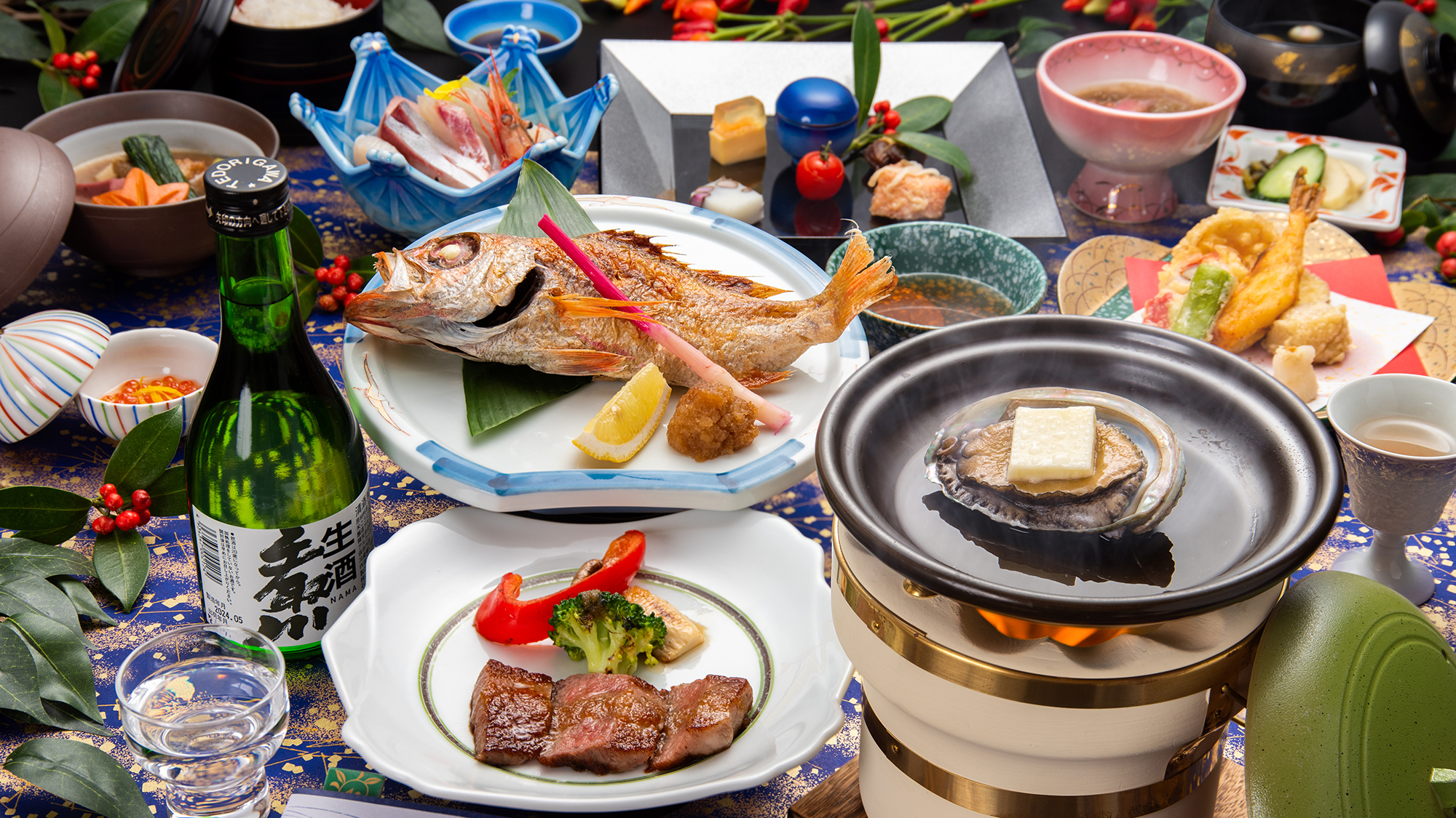 *夕食【のど黒＋鮑＋和牛ステーキ】創立100周年記念の特別会席をご提供