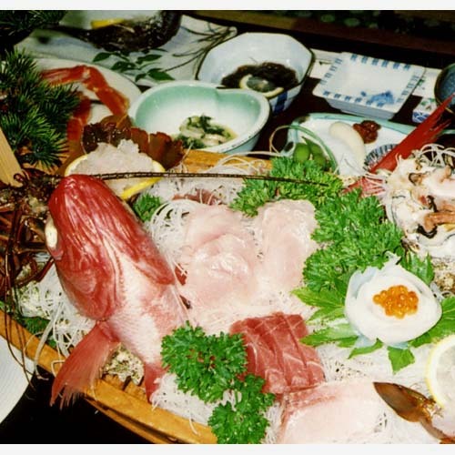 Boat-shaped platter with shrimp
